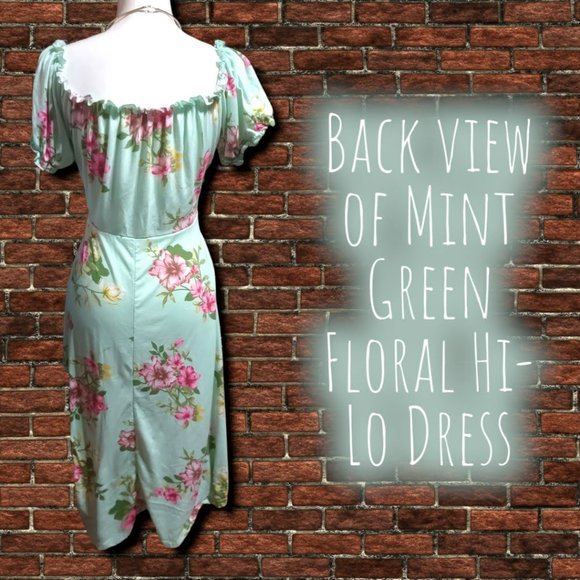 Off Shoulder Mint Green Floral Hi-Lo Dress w/Black Embroidery Accenting Waist - Picture 2 of 8